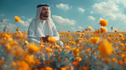 A Emirati man sitting in a field of flowers Beautiful teal flowers and roses