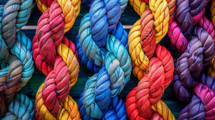 Team rope diverse strength connect partnership together teamwork unity communicate support. Strong diverse network rope team concept integrate braid colour background cooperation empower power