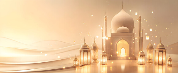 Wall Mural - Abstract Ramadan Kareem and Eid Mubarak Golden and White Luxury Mosque with elegant lanterns Islamic Background