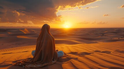 Arab Muslim man praying on desert.