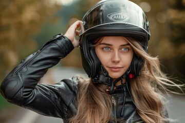 Wall Mural - Young Woman Adjusting Motorcycle Helmet