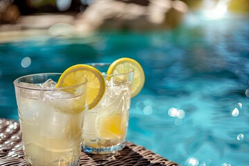 Two glasses of freshly squeezed lemonade on a table near a brown sun lounger in a pool with blue water, view from the hotel