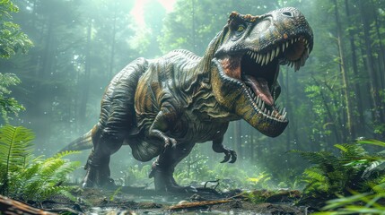 Sticker - A majestic T. rex roars in a lush prehistoric forest. It shows its enormous size and power.