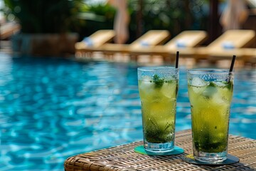 Two glasses of iced green tea on a table near a brown sun lounger in a pool with blue water, view from the hotel