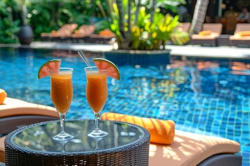 Two glasses of refreshing fruit smoothies on a table near a brown sun lounger in a pool with blue water, view from the hotel