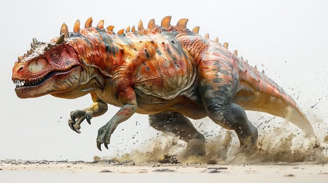 a dynamic carnotaurus in a running pose on a white background, showing its horns and speed.
