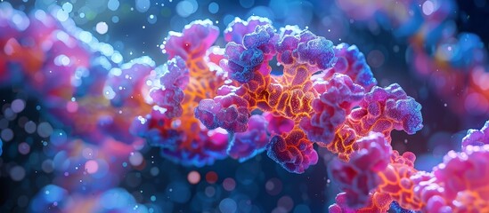 Wall Mural - Vibrant 3D Render of a DNA Strand with Glowing Colors and Bokeh Background