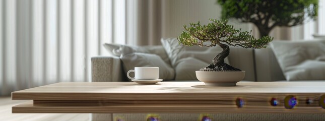 A white coffee cup sits on a wooden table next to a bonsai tree generated by AI