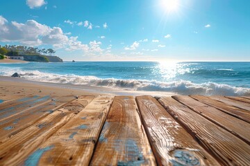 Wall Mural - Serene Beachfront Deck with Sun and Waves