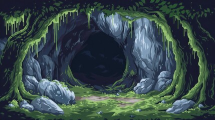 Wall Mural - Pixel Art Mysterious Forest Cave - 8bit pixel art background