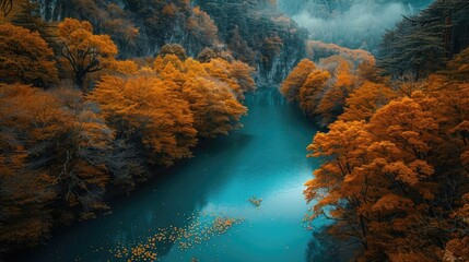 Wall Mural - A serene autumn landscape with vibrant orange foliage and a tranquil turquoise river, surrounded by misty mountains and a peaceful atmosphere.