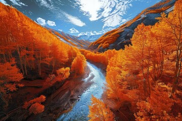 Wall Mural - Stunning autumn landscape with vibrant orange foliage, a winding river, and dramatic clouds in the blue sky.