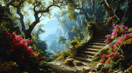 Wall Mural - Beautiful Staircase or Stone Steps Of An Ancient Fortress In Forest Landscape Background