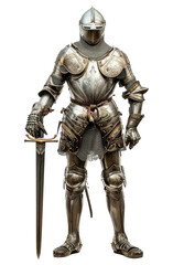 Sticker - PNG Knight in shining armor sword weapon white background.