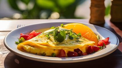 Wall Mural - A plate of omelet with fresh fruit cut photography poster background