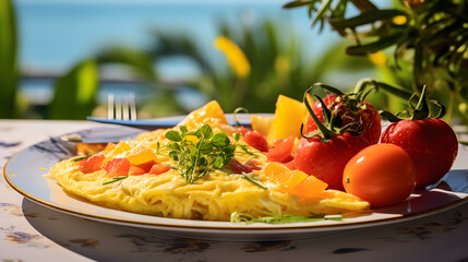 Wall Mural - A plate of omelet with fresh fruit cut photography poster background