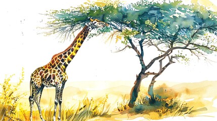 Sticker - A watercolor painting of a giraffe eating leaves from a tree in a savanna.