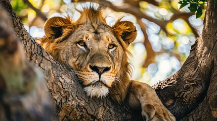 Poster - A majestic lion lounges in a tree, gazing intensely at the camera.