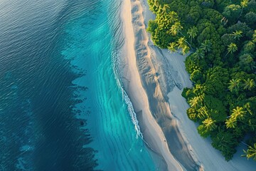 Poster - Aerial view of a tropical beach with turquoise water, white sand, and lush green foliage. Perfect for relaxation and vacation vibes.