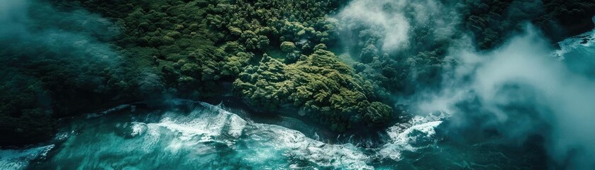 Aerial view of a lush green forest coastline with waves crashing against the rocky shore under a foggy sky, showcasing nature's beauty.