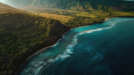 Wall Mural - Aerial view of a pristine coastline with clear blue waters, lush greenery, and rugged terrain under a clear sky.