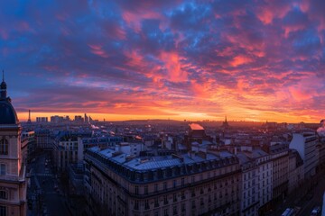 Paris,  capital of France panorama aerial view at sunset or sunrise  with copy space upon