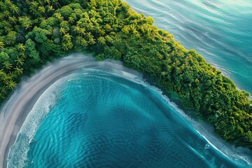 Wall Mural - A stunning aerial view of a secluded beach with turquoise waters and lush green forest, showcasing the serene beauty of nature.