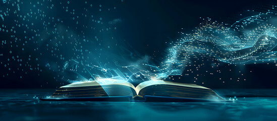 Open book with glowing data pages and Digital Code, Integration of technology in education, dark blue AI study environment. The concept of Modern digital book for learning in digital futuristic style.