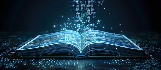 Open book with glowing data pages and Digital Code, Integration of technology in education, dark blue AI study environment. The concept of Modern digital book for learning in digital futuristic style.