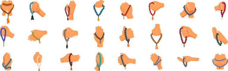 prayer beads icons set. set of diverse hands gently holding and manipulating prayer beads, highlight