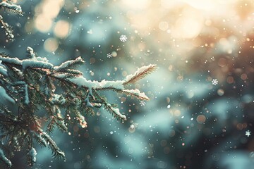 Sticker - Evergreen branch covered in delicate snowflakes during winter. The scene captures the tranquility of a snowy forest