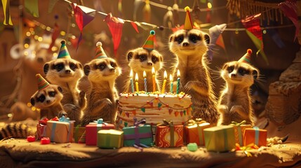 Wall Mural - Image Description: A family of meerkats gathered around a birthday cake with lit candles, wearing tiny birthday hats.
