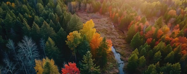 Wall Mural - A stunning aerial view of a vibrant forest in autumn with colorful foliage and a serene river winding through, bathed in soft sunlight.