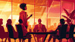 © sommersby - A businesswoman stands and addresses a group of colleagues seated around a conference table in a modern office. The scene is set against a backdrop of a city skyline at sunset