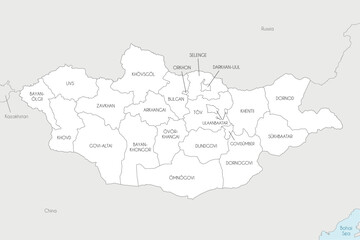  Vector regional map of Mongolia with provinces and administrative divisions, and neighbouring countries and territories. Editable and clearly labeled layers.