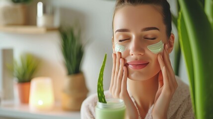 Sticker - Beautiful female doing facial treatment with aloe vera balm