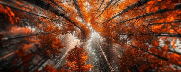 Wall Mural - Stunning view of autumn forest with vibrant red and orange foliage, looking up towards the sky through tall trees.