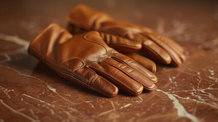 Pair of brown leather gloves on a marble surface