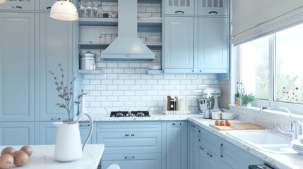 Wall Mural - A kitchen with blue cabinets and white tile backsplash