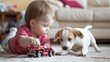 © Joyce - Little baby with puppy dog on carpet floor at home.