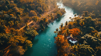 Wall Mural - Panoramic Top View Of Green Mangrove Tree Forest With River Lake Landscape Background