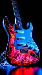 Electric guitar of tomorrow  illuminated by blue neon lights and laser beams in dark ambiance