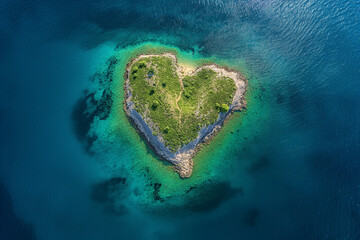 Wall Mural - Heart shaped paradise island in the middle of the ocean, aerial view. Tropical island from above, perfect vacation vibes. Heart carved by nature, love and romantic concept, bird eye view