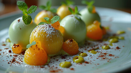 A Dessert Of Matcha Truffles with an Orange Coulis On Blurry Background