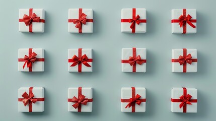 Poster - A pattern of white gift boxes with red ribbons on a light blue background.