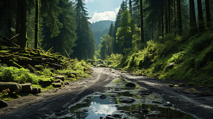 Wall Mural - Beautiful Tranquil Curved River and Pathway Forest Aerial View Of Landscape Background