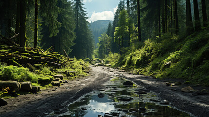 Sticker - Beautiful Tranquil Curved River and Pathway Forest Aerial View Of Landscape Background