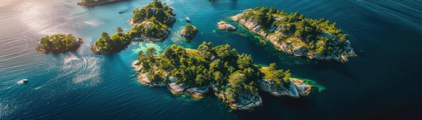 Poster - Aerial view of beautiful small islands covered in lush green trees surrounded by clear blue water with sun reflecting on the surface, perfect nature scenery.