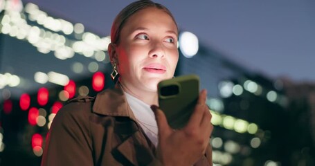 Poster - Woman, smile and outdoor with smartphone for voice note at night for conversation on social media in New York. Female person, happy and voicemail message for networking or communication on mobile app