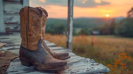  A pair of cowboy boots resting on a wooden fence, with a sunset in the background.